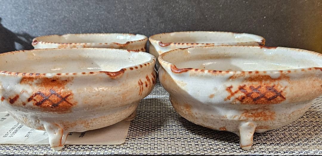 志野焼　水野輝幸 作　草文　向付　4客 共箱　茶道具　未使用品！　径14.4cm