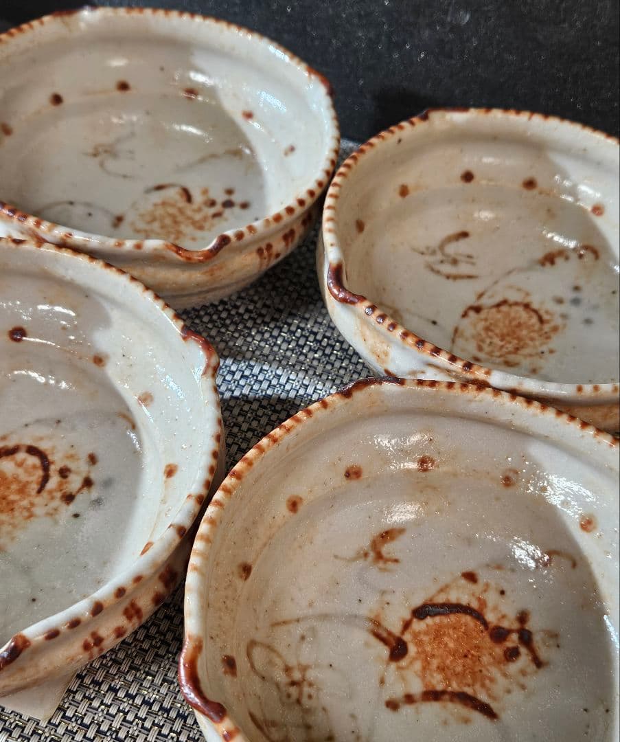 志野焼　水野輝幸 作　草文　向付　4客 共箱　茶道具　未使用品！　径14.4cm