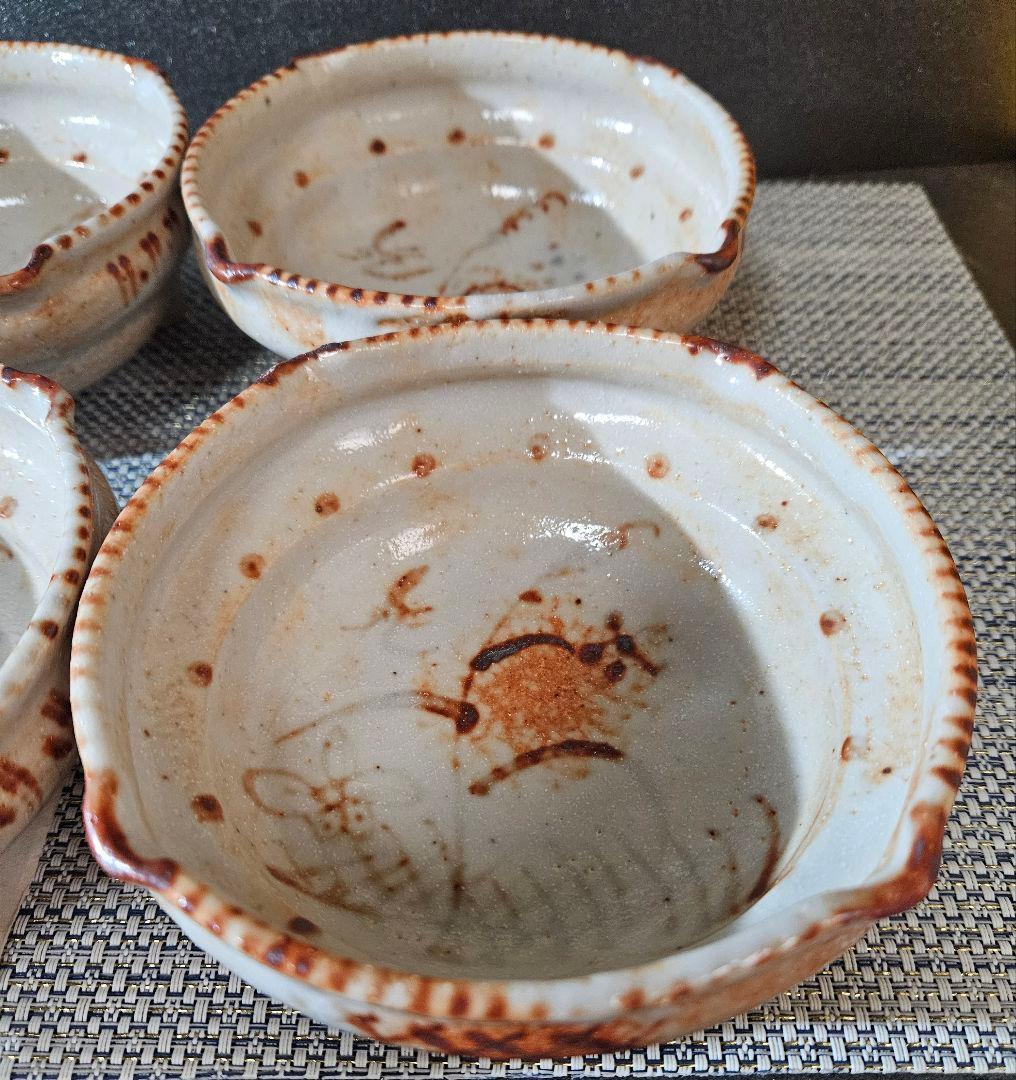 志野焼　水野輝幸 作　草文　向付　4客 共箱　茶道具　未使用品！　径14.4cm