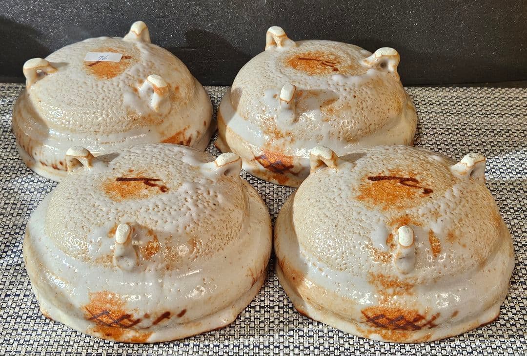 志野焼　水野輝幸 作　草文　向付　4客 共箱　茶道具　未使用品！　径14.4cm