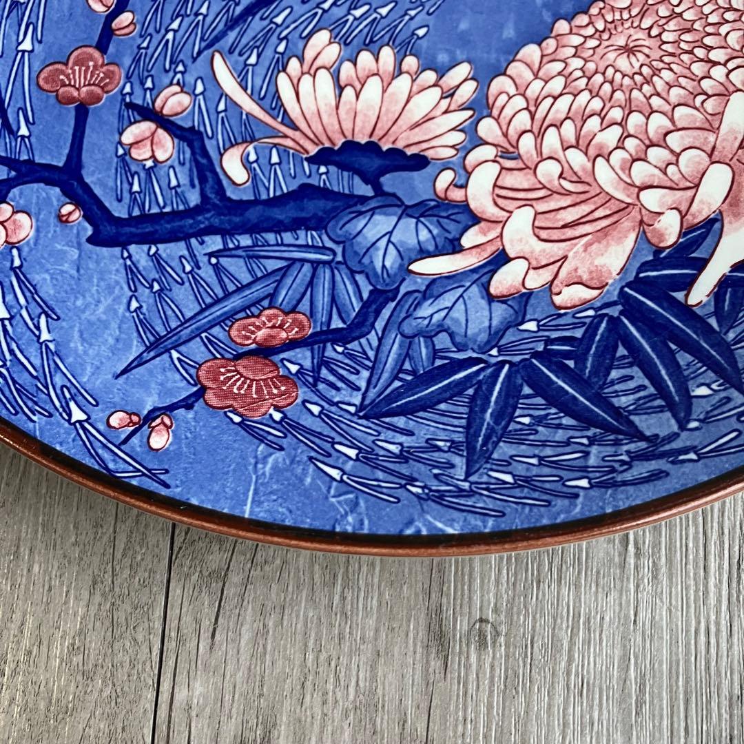 3F 【美品】大皿 飾皿 染付 菊・梅・蘭 矢羽根文様 縁起物 和モダン