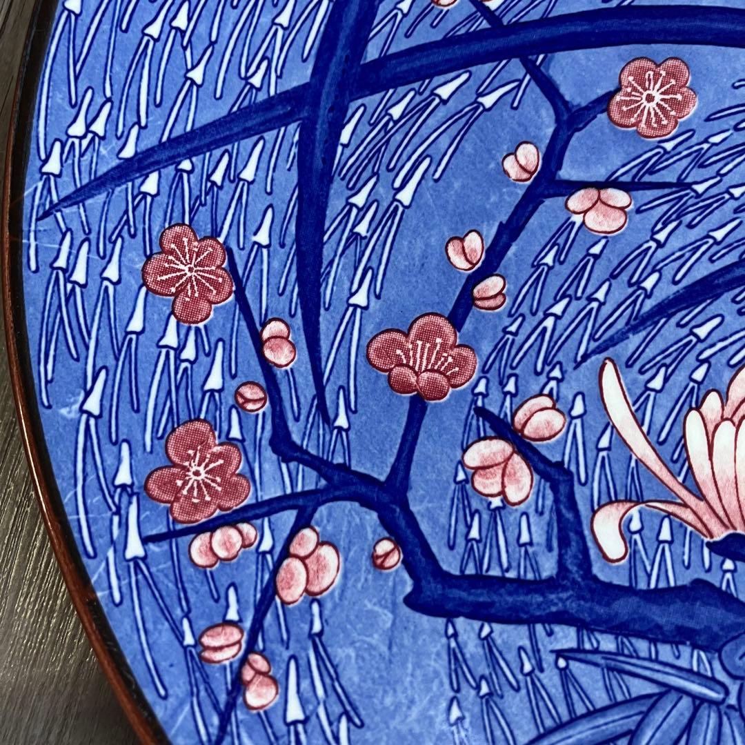 3F 【美品】大皿 飾皿 染付 菊・梅・蘭 矢羽根文様 縁起物 和モダン