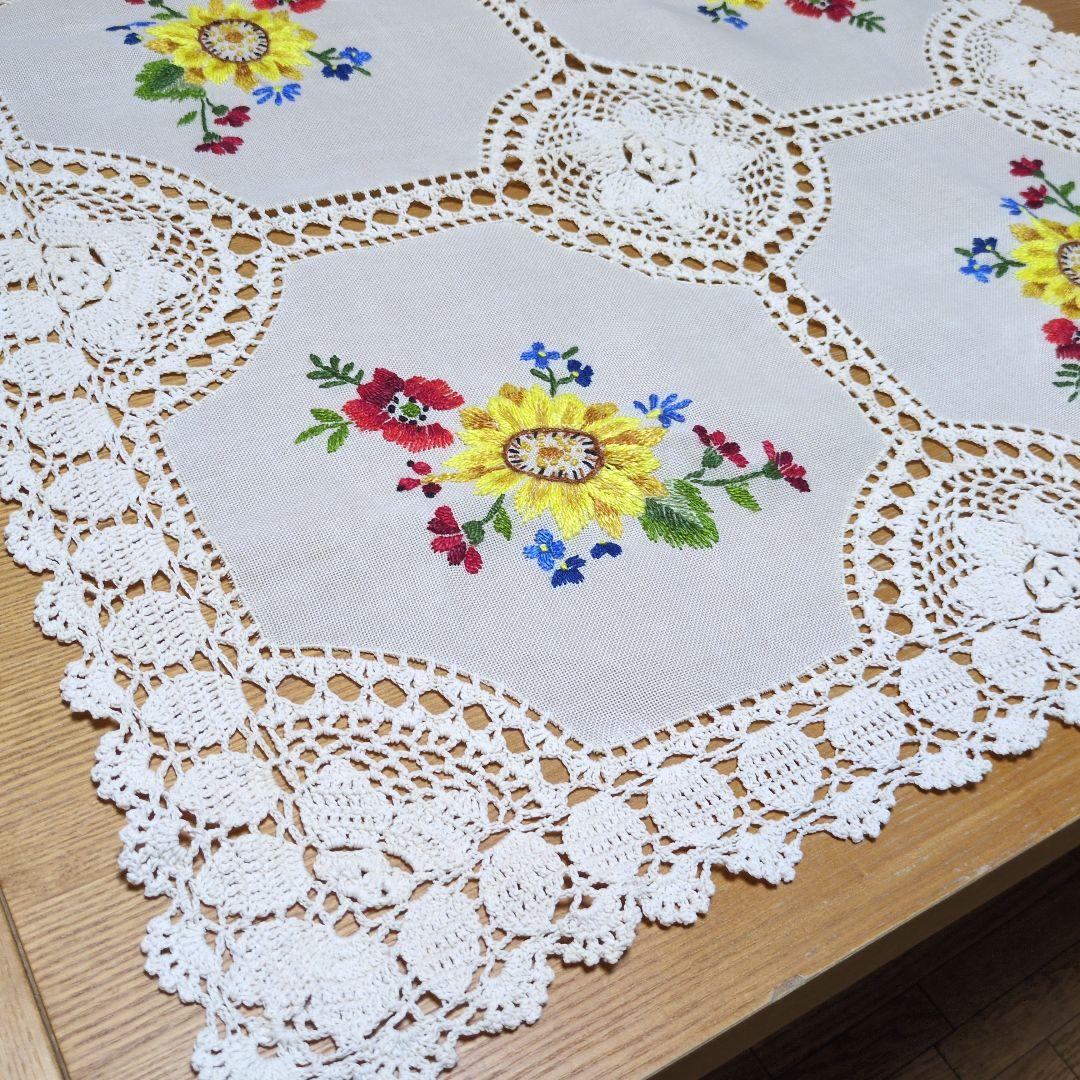花柄刺繍レーステーブルクロス　大判　 ヴィンテージ 手刺繍　アンティーク
