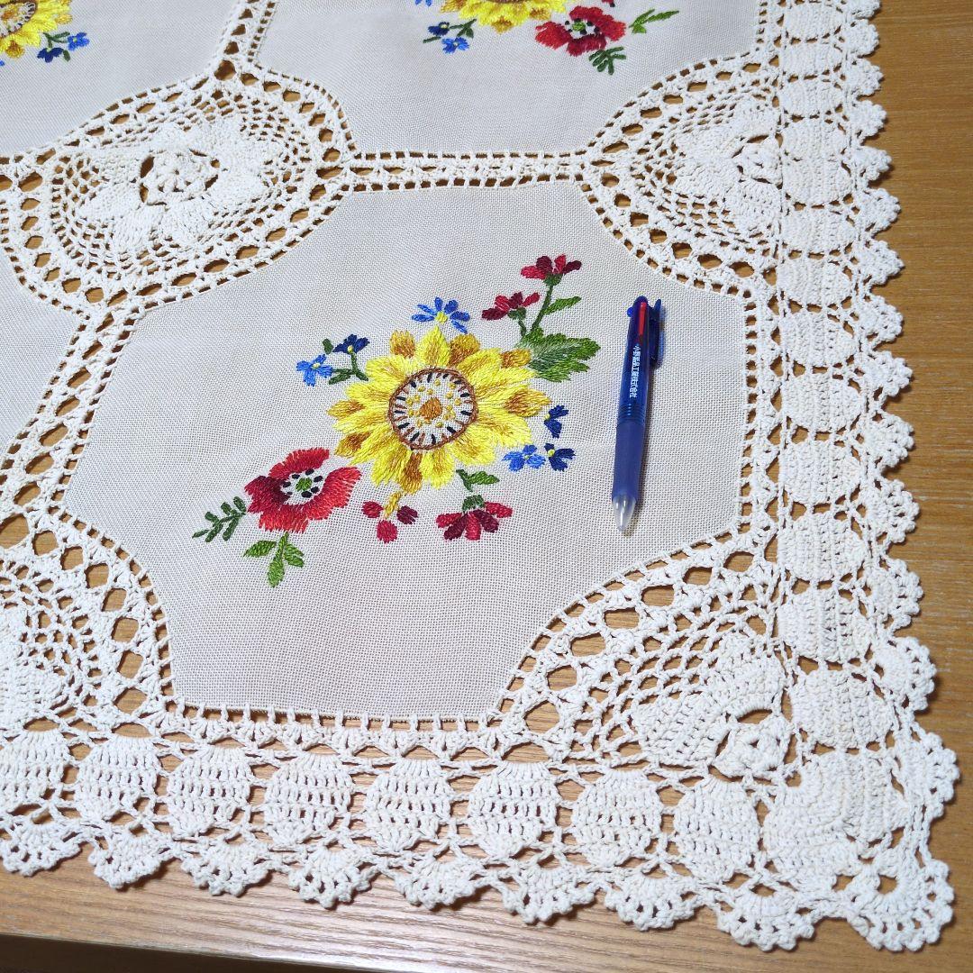 花柄刺繍レーステーブルクロス　大判　 ヴィンテージ 手刺繍　アンティーク