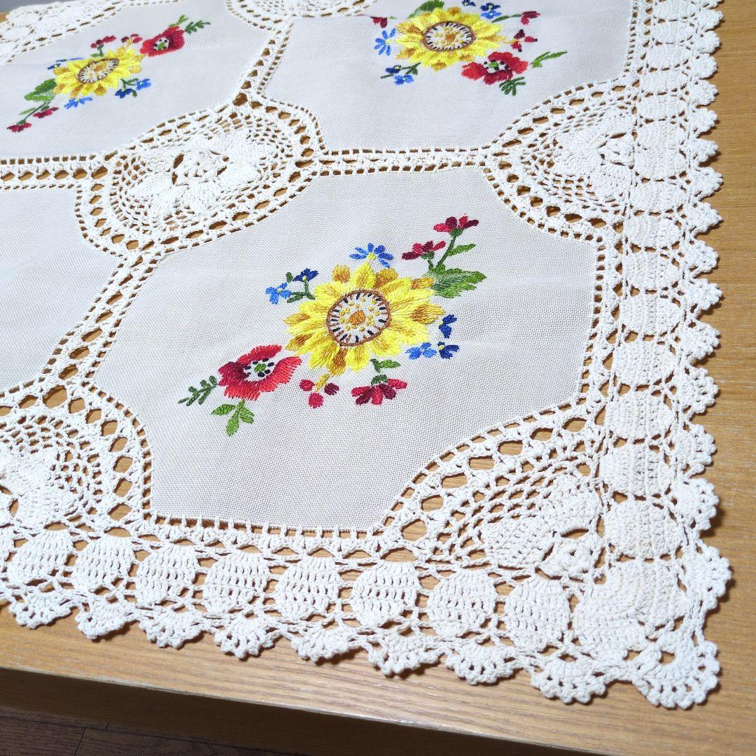 花柄刺繍レーステーブルクロス　大判　 ヴィンテージ 手刺繍　アンティーク