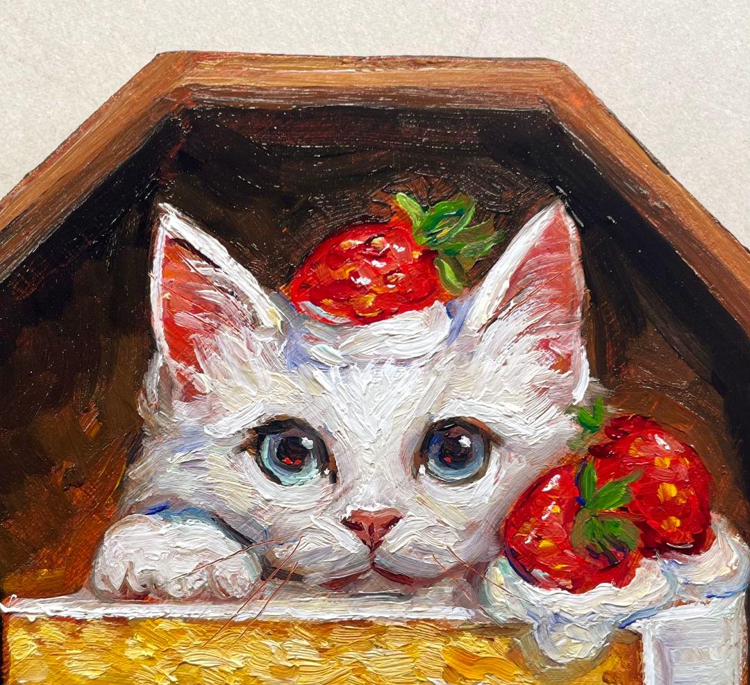 『いちごショートケーキにゃんこ』 原画 八角形パネル ミニ絵画　油絵　猫
