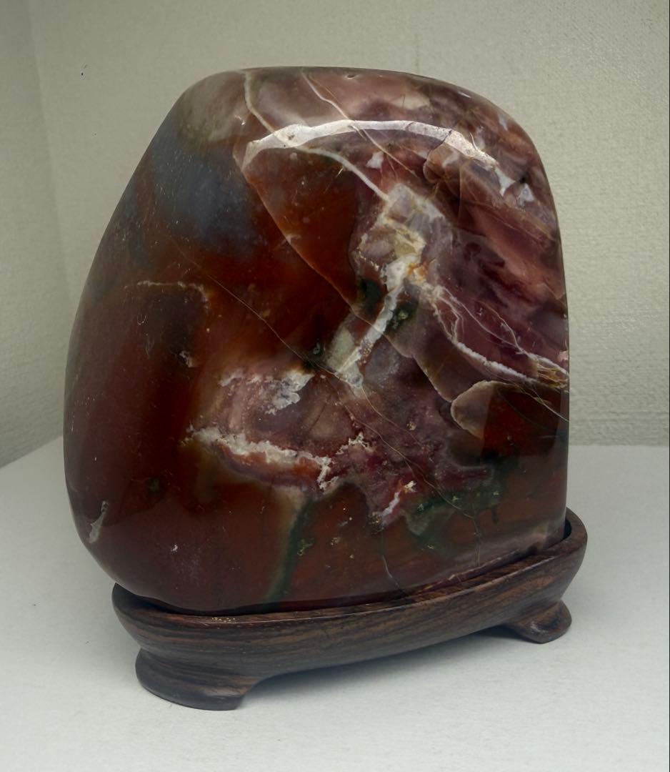 鑑賞石　インド　ゼブラメノー　木製台座付き