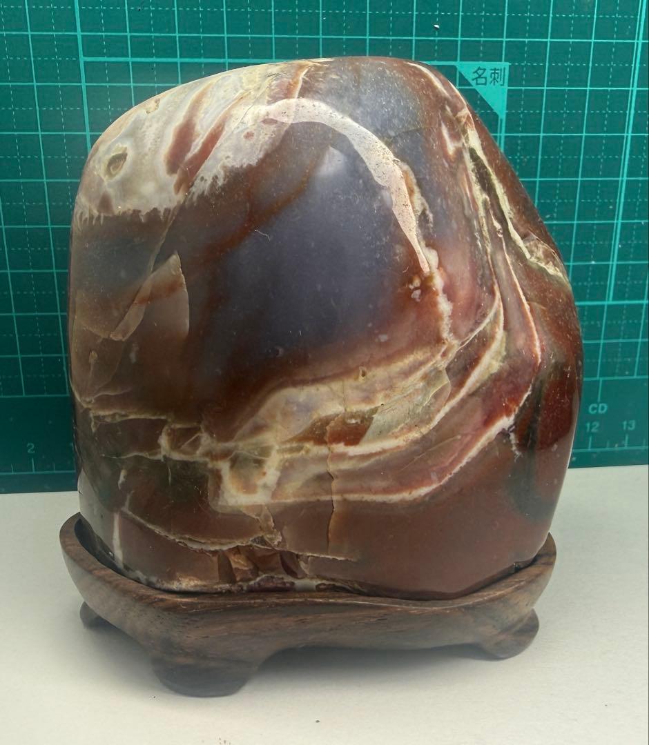 鑑賞石　インド　ゼブラメノー　木製台座付き