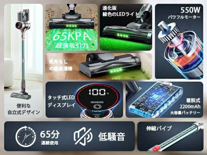 コードレス掃除機 スティッククリーナー 65分連続稼働 サイクロン式 強力吸引