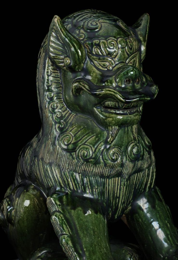 中国古玩 緑釉 獅子像 狛犬 フー犬 フードッグ 古陶磁器 大型62㎝ 古美術