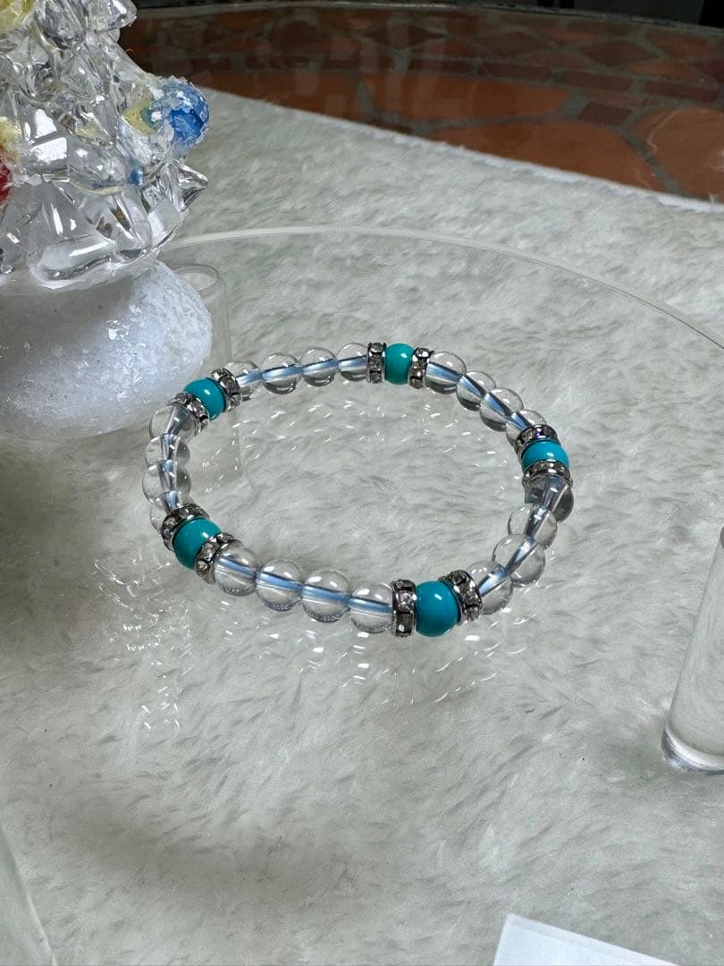 天然ターコイズ・水晶ブレスレット　約14、5〜15、0cm 12月誕生石