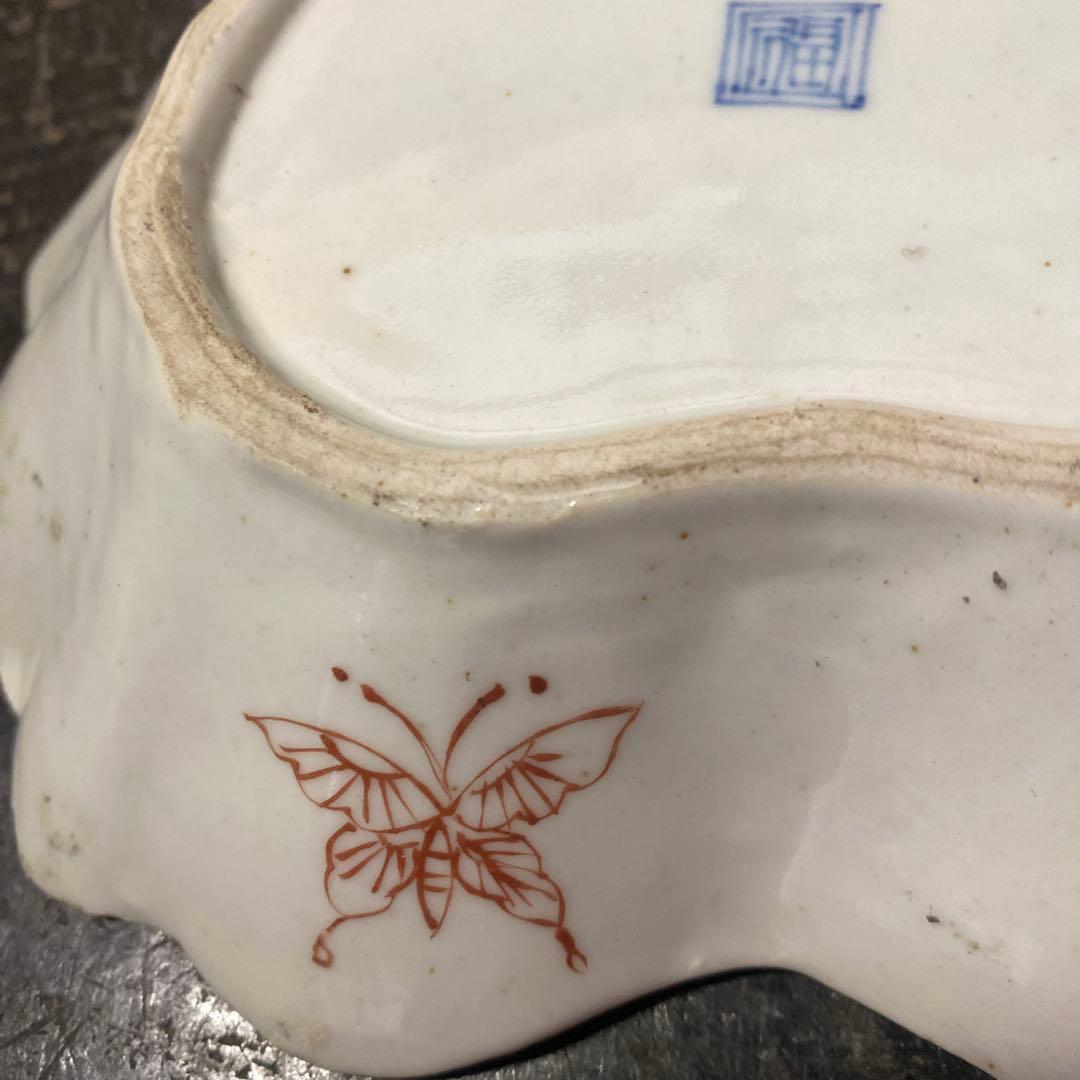 中国古玩　南京手草木文変形菓子皿