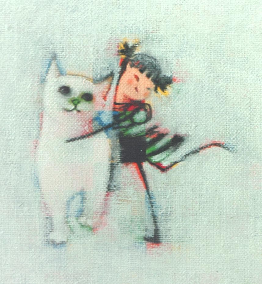 油絵 菅家令子 絵 絵画インテリア額付(青緑＋銀)F3-091918子猫犬 女子