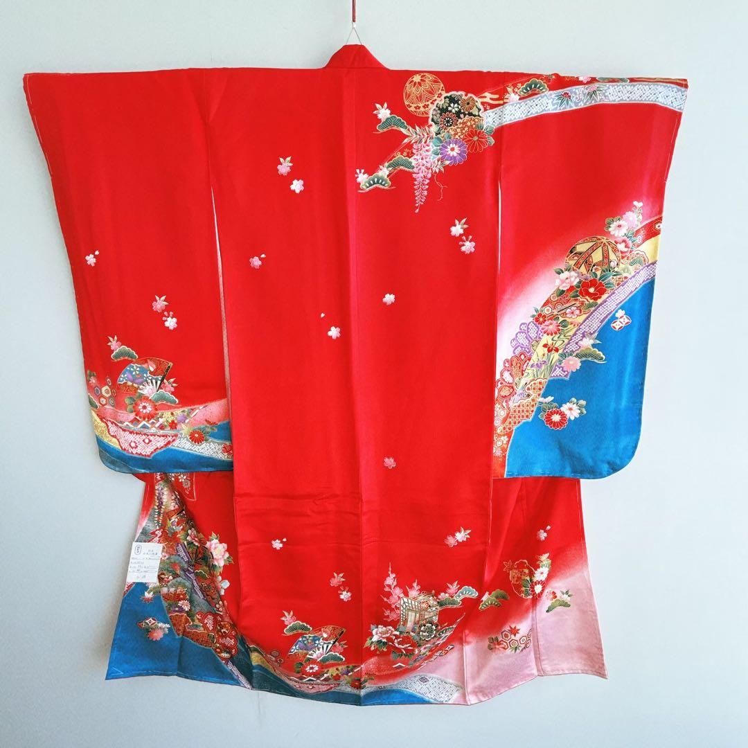 フルセット 七五三 7歳女の子 長着＆長襦袢＆帯＆小物　赤地　のし柄　毬　扇子