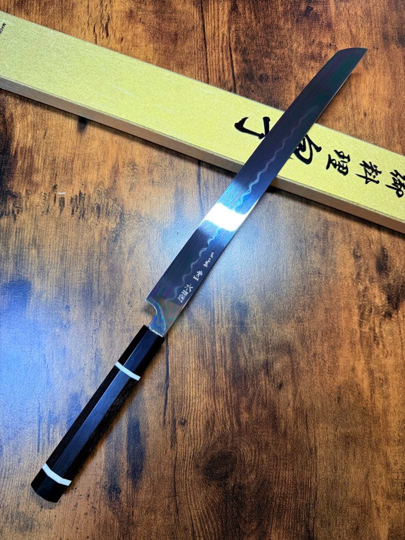 池田美和　蛸引 先丸　水本焼 青一鋼　全鏡面　尺　包丁　黒檀水牛八角柄