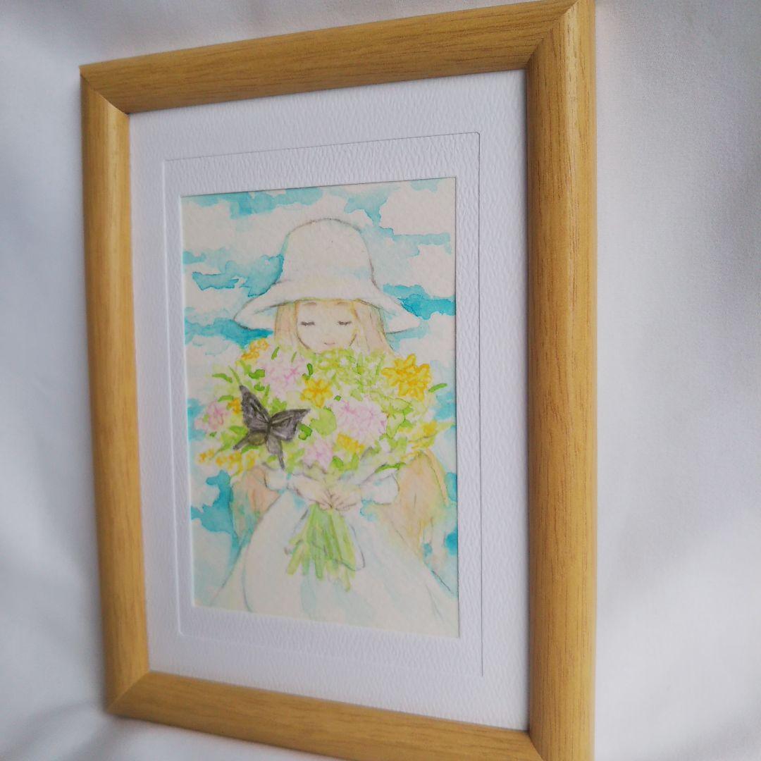 絵画 花束を持った少女とアゲハ蝶 透明水彩画