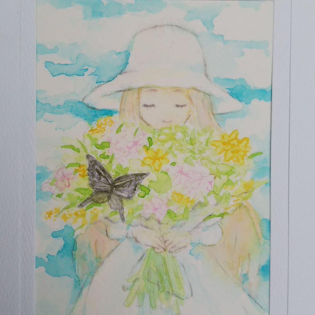 絵画 花束を持った少女とアゲハ蝶 透明水彩画