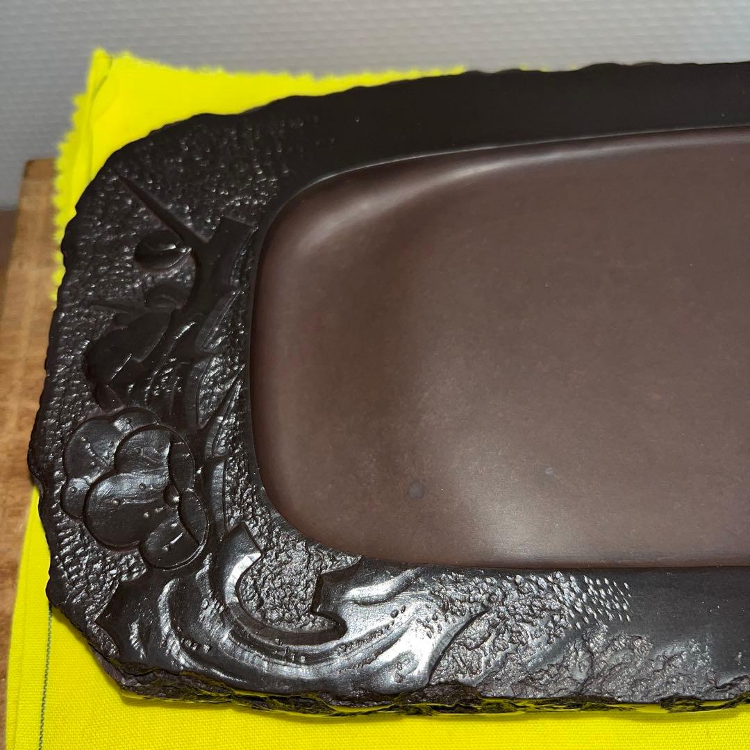 ⭕️赤間硯　新品美品　名工　玉峯　日枝敏夫　梅花彫刻入り　姿が美しい　女性好み作品