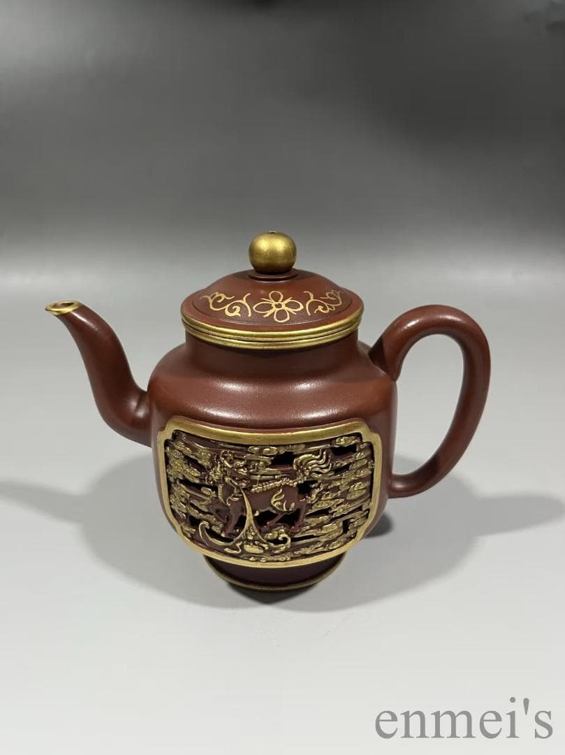 中国古美術 中国宜興 紫砂壺 宮灯壺 描金装飾 大清乾隆年制款 原鉱大紅袍 急須