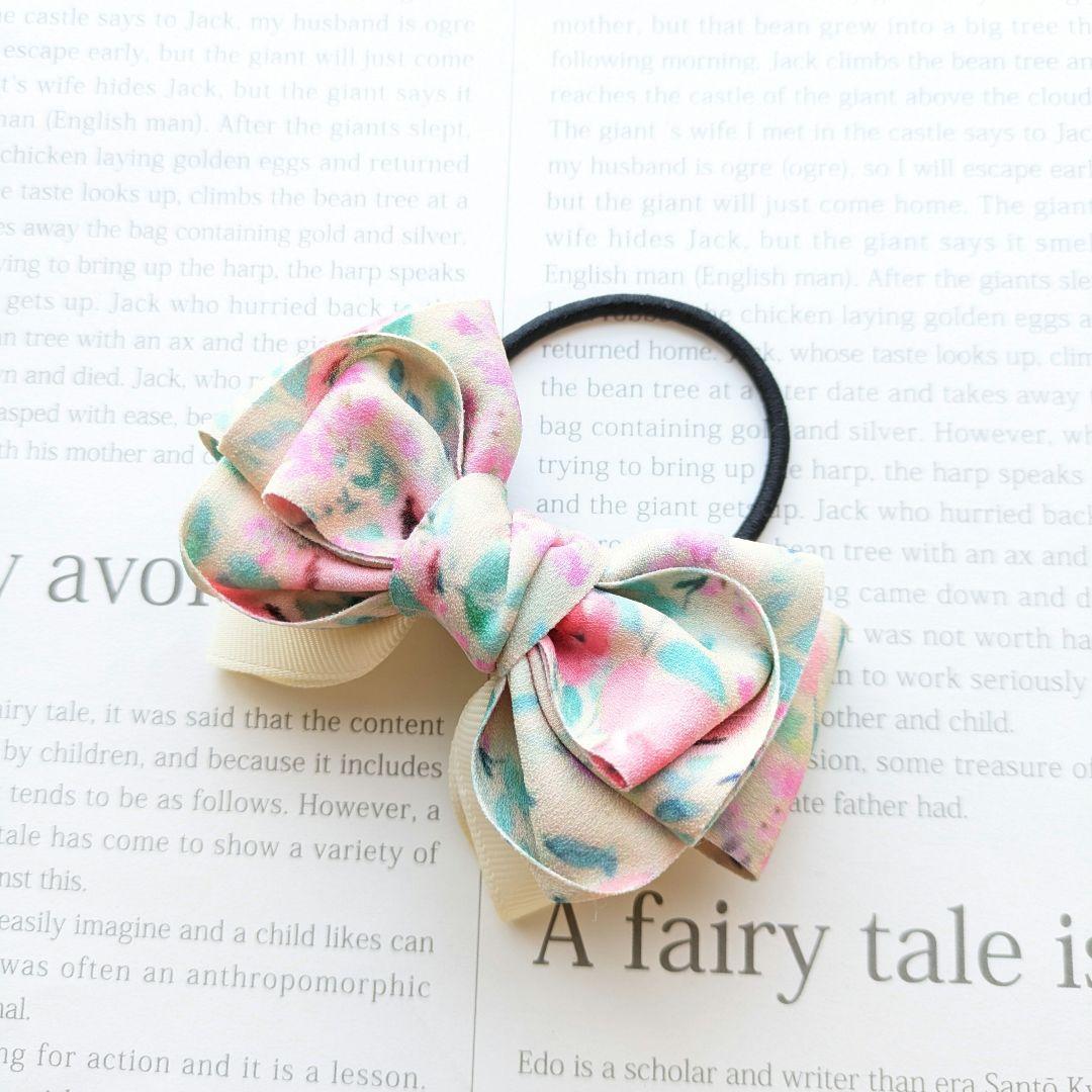 リボン　ヘアゴム♡amour ribbon♡水彩画フラワー♡ハンドメイド