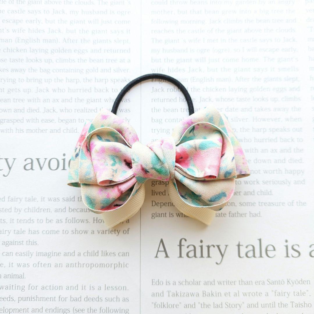 リボン　ヘアゴム♡amour ribbon♡水彩画フラワー♡ハンドメイド