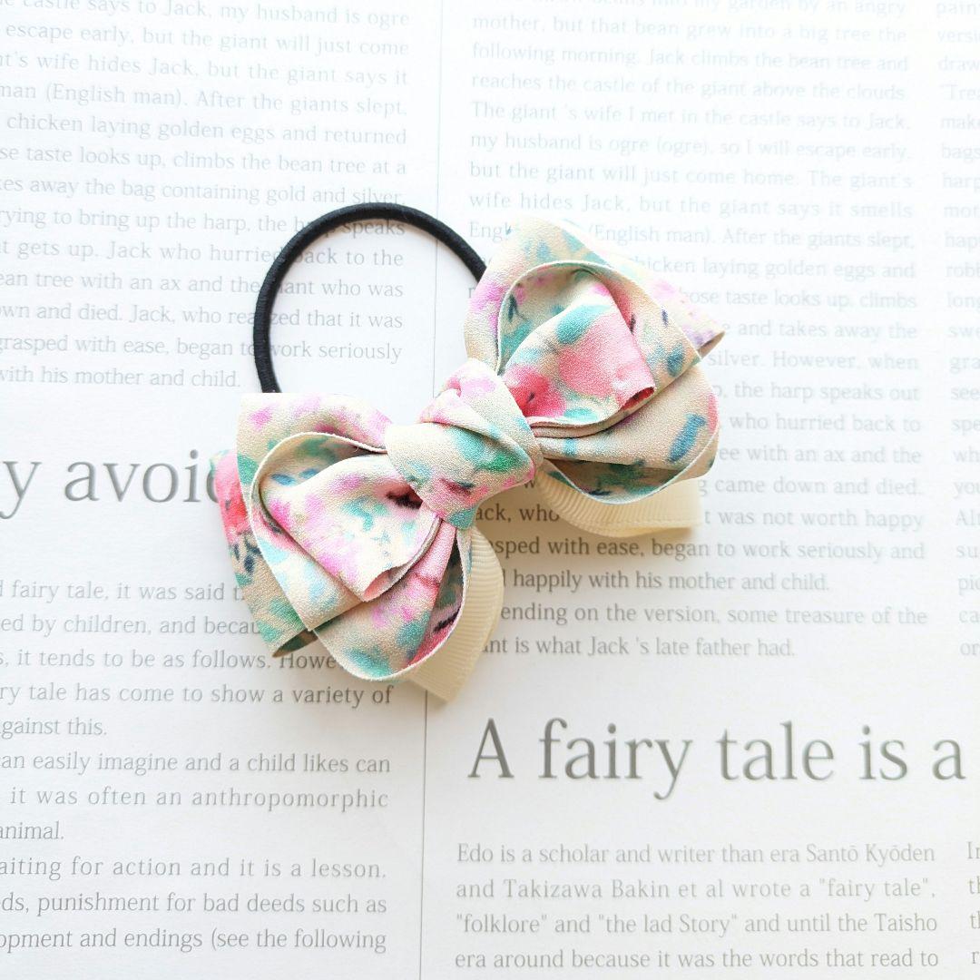 リボン　ヘアゴム♡amour ribbon♡水彩画フラワー♡ハンドメイド