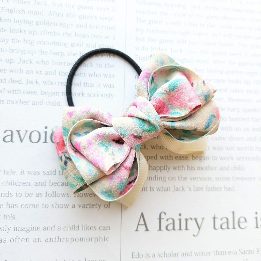 リボン　ヘアゴム♡amour ribbon♡水彩画フラワー♡ハンドメイド