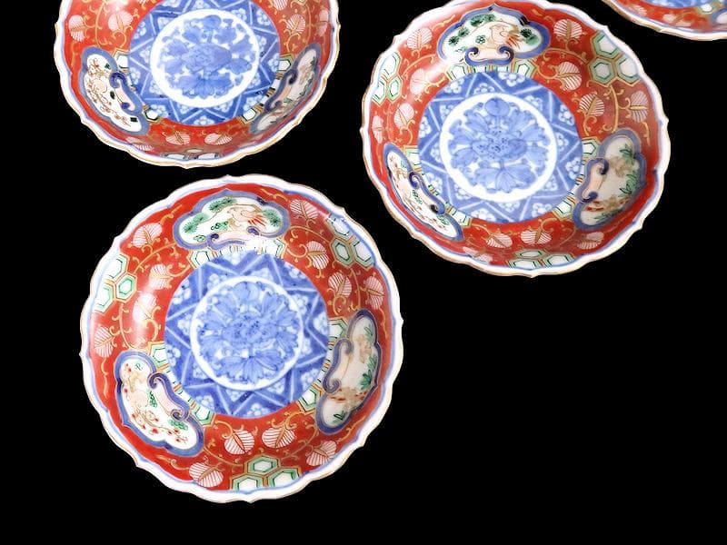 大聖寺伊万里　金襴手　金唐草に亀甲紋の図　４寸皿　５枚　A542AS-DAy