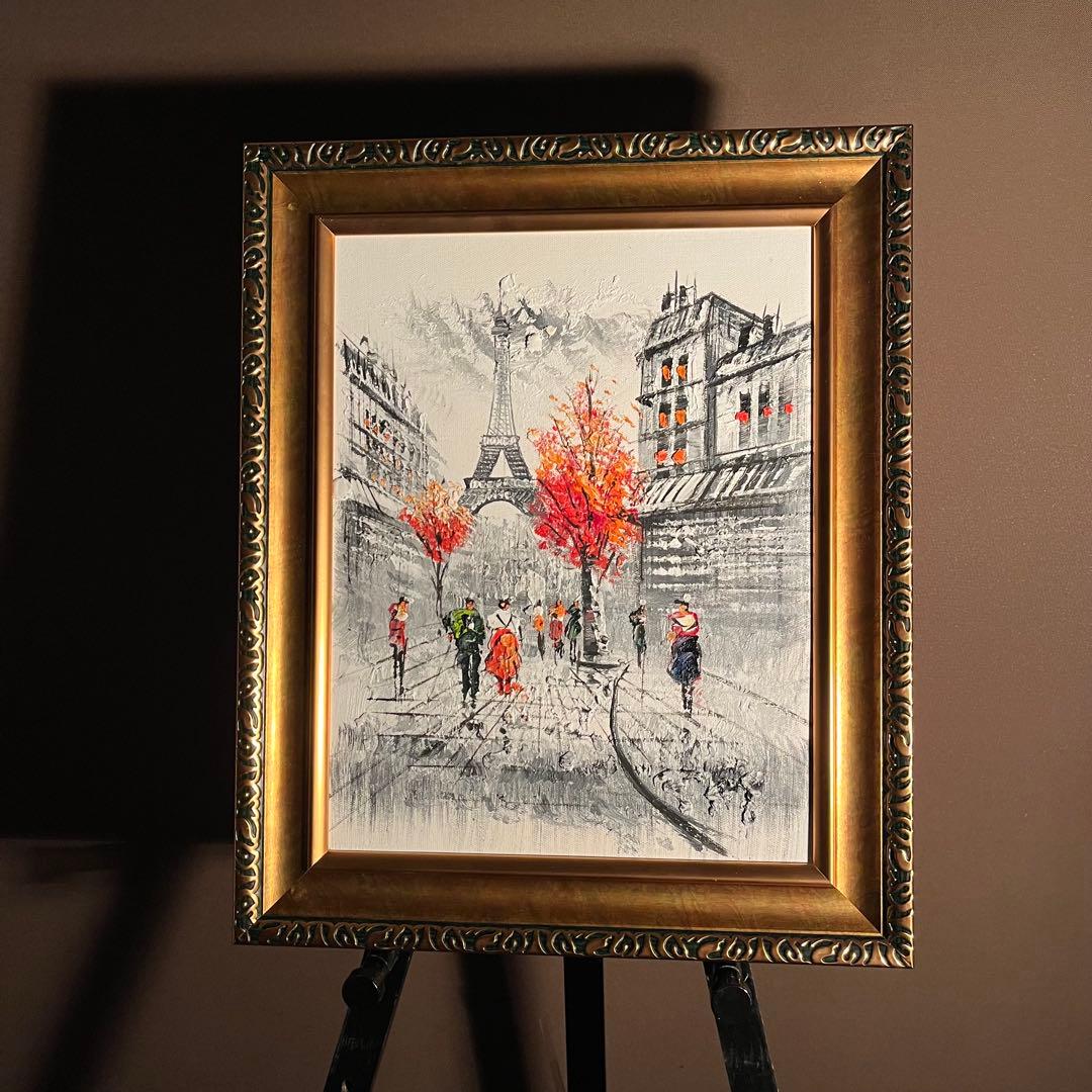 手書き油絵 パリの風景 エッフェル塔 額付 肉筆絵画 インテリア 油彩画