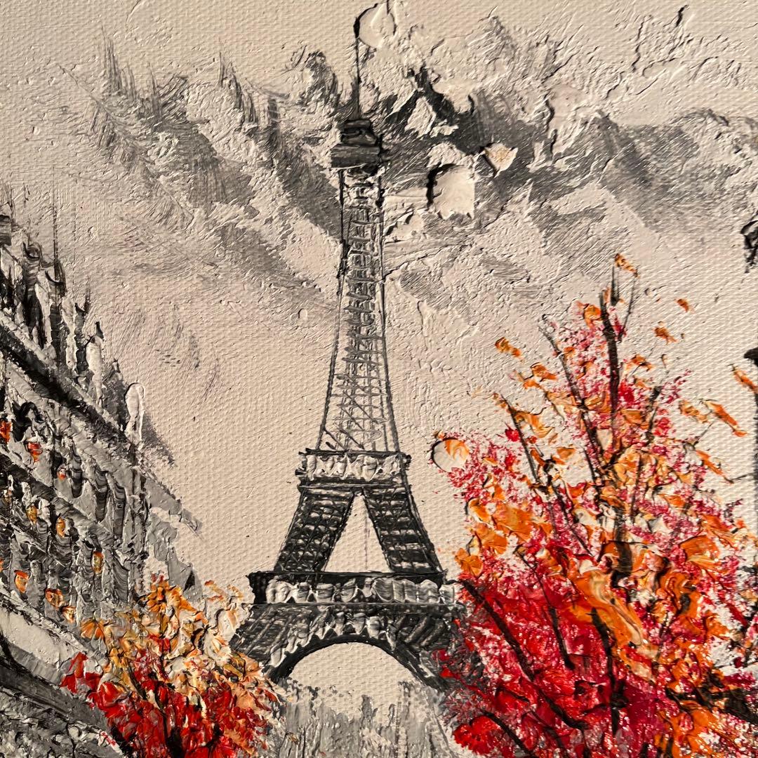 手書き油絵 パリの風景 エッフェル塔 額付 肉筆絵画 インテリア 油彩画