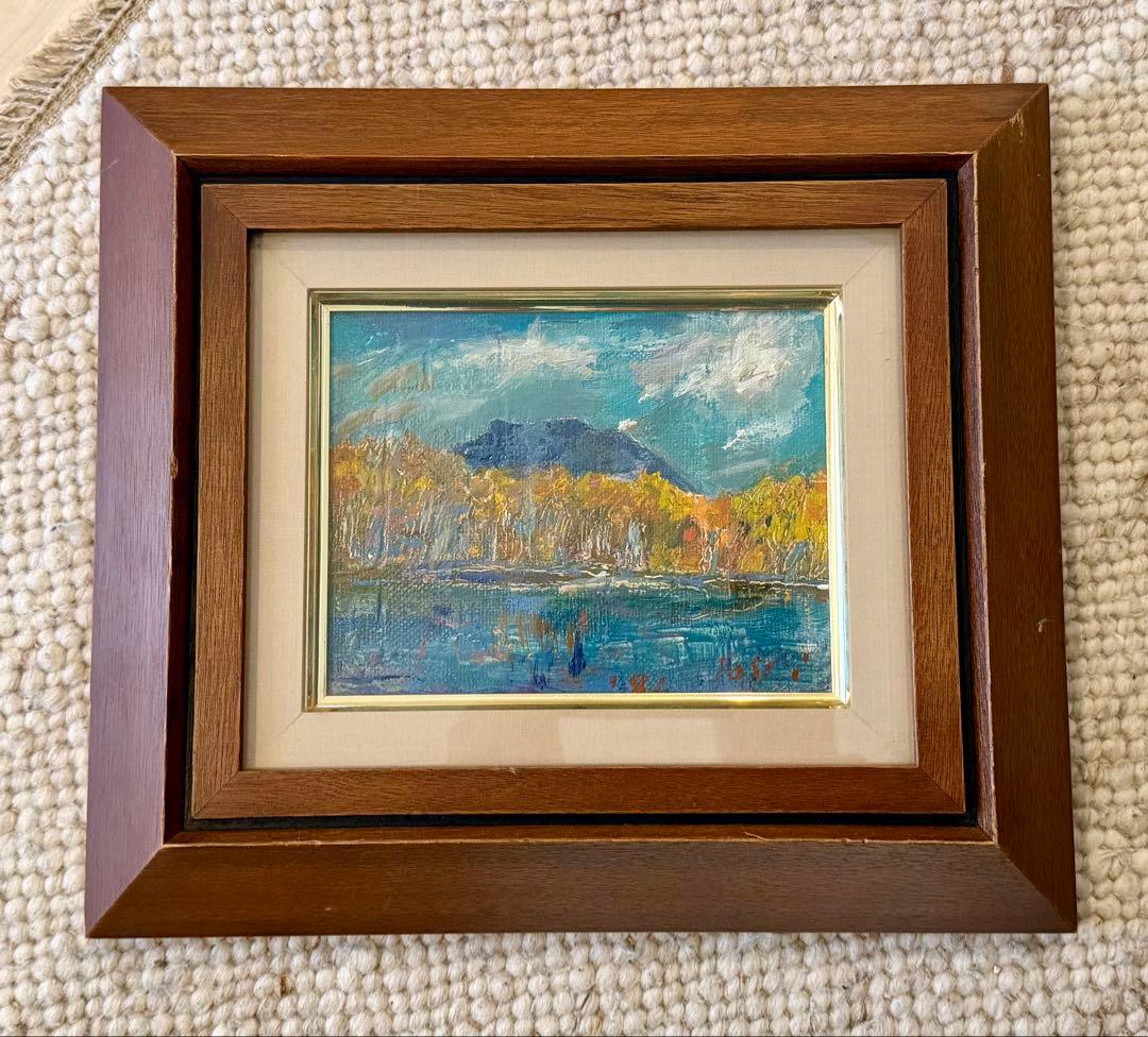 風景画 額装 油彩風 湖畔 秋景色 インテリアアート #100