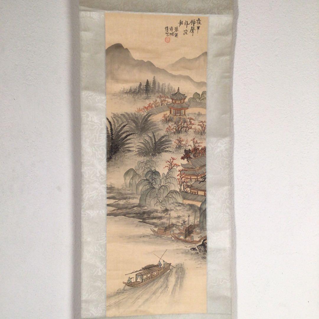 No4138 掛軸　烟絹　寒山寺屏条　張継詩　夜半鐘聲到客船　山水画　送料無料