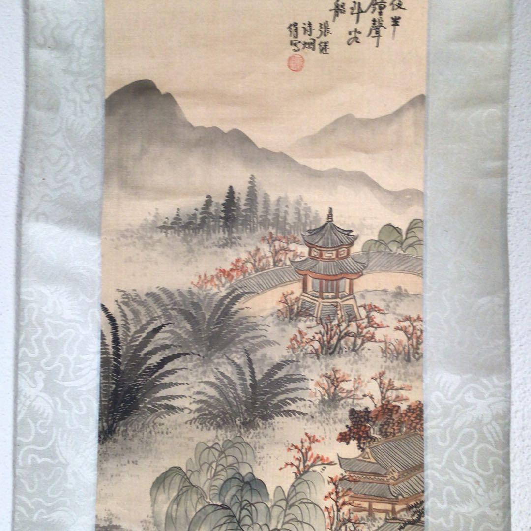 No4138 掛軸　烟絹　寒山寺屏条　張継詩　夜半鐘聲到客船　山水画　送料無料