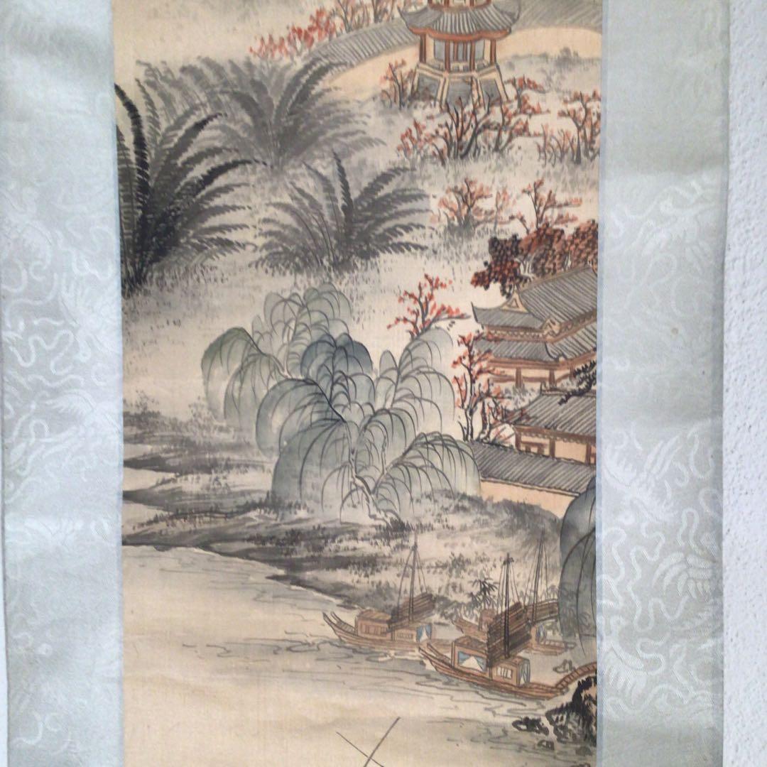 No4138 掛軸　烟絹　寒山寺屏条　張継詩　夜半鐘聲到客船　山水画　送料無料