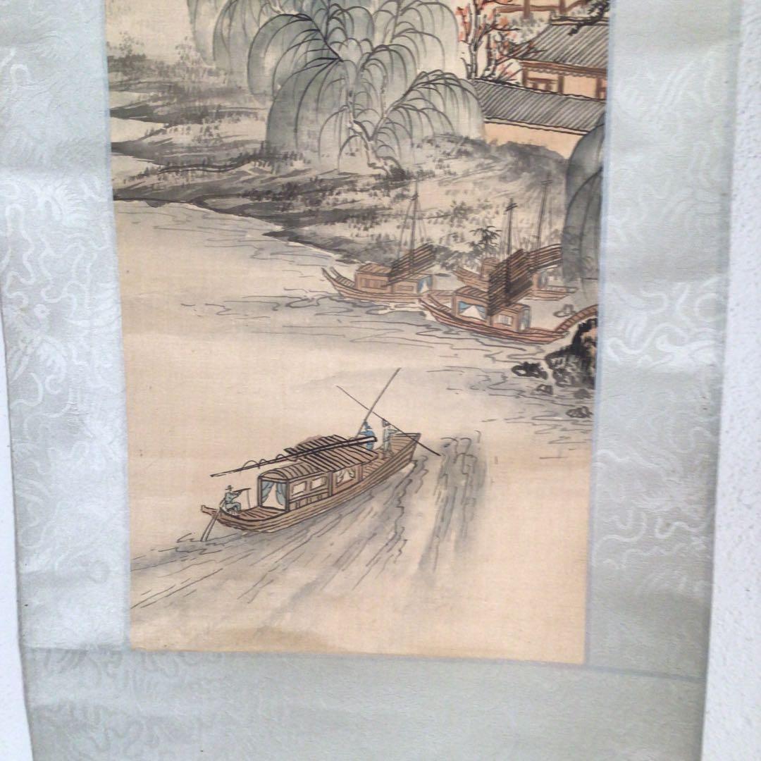 No4138 掛軸　烟絹　寒山寺屏条　張継詩　夜半鐘聲到客船　山水画　送料無料