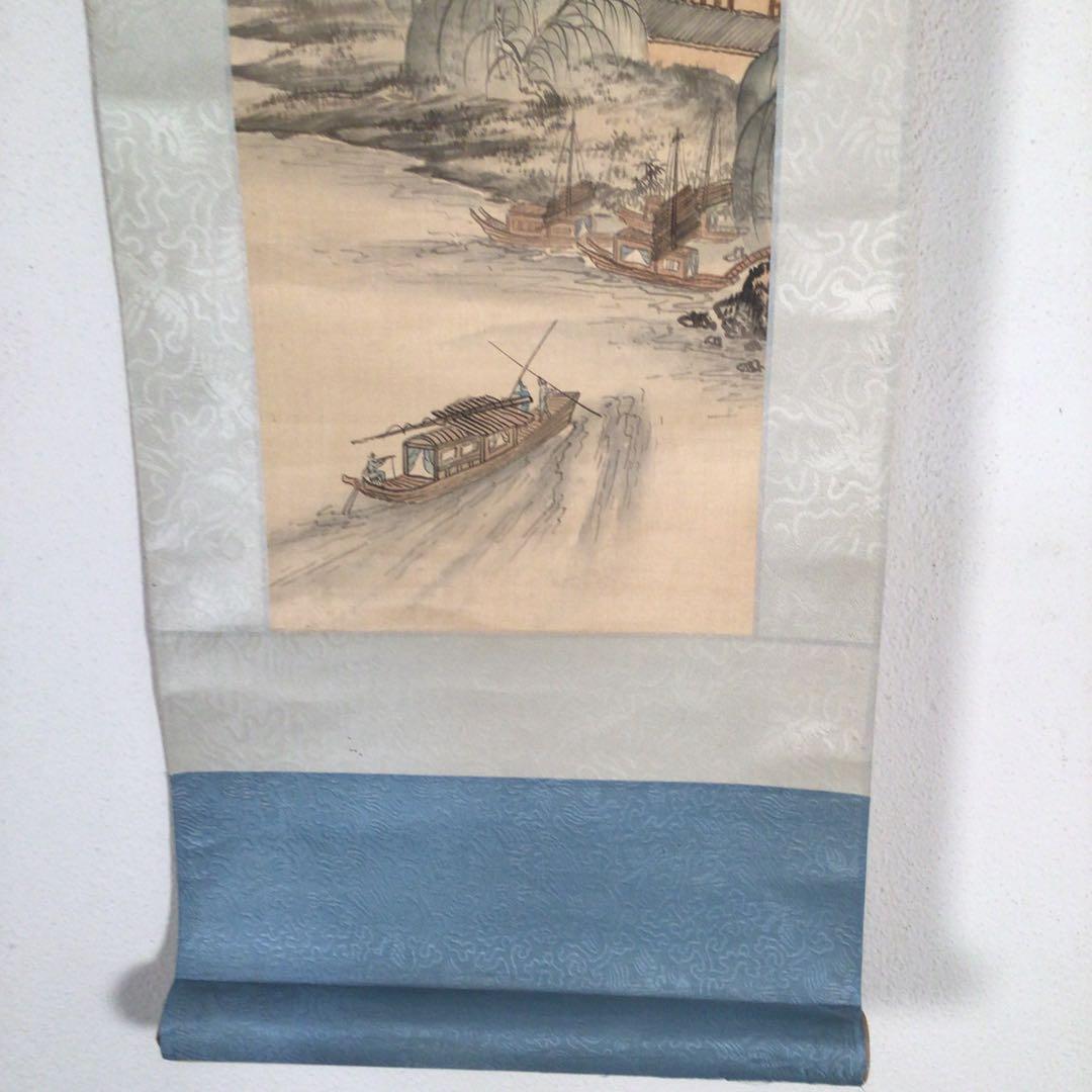 No4138 掛軸　烟絹　寒山寺屏条　張継詩　夜半鐘聲到客船　山水画　送料無料