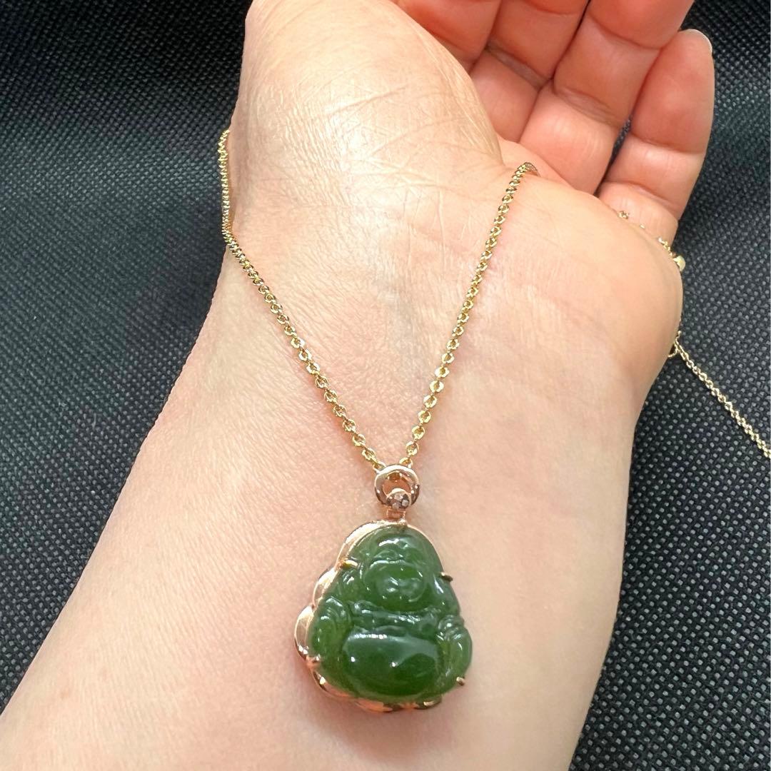 18K使用天然高品質和田玉緑翡翠の布袋彫手作りペンダントトップ ★AB852