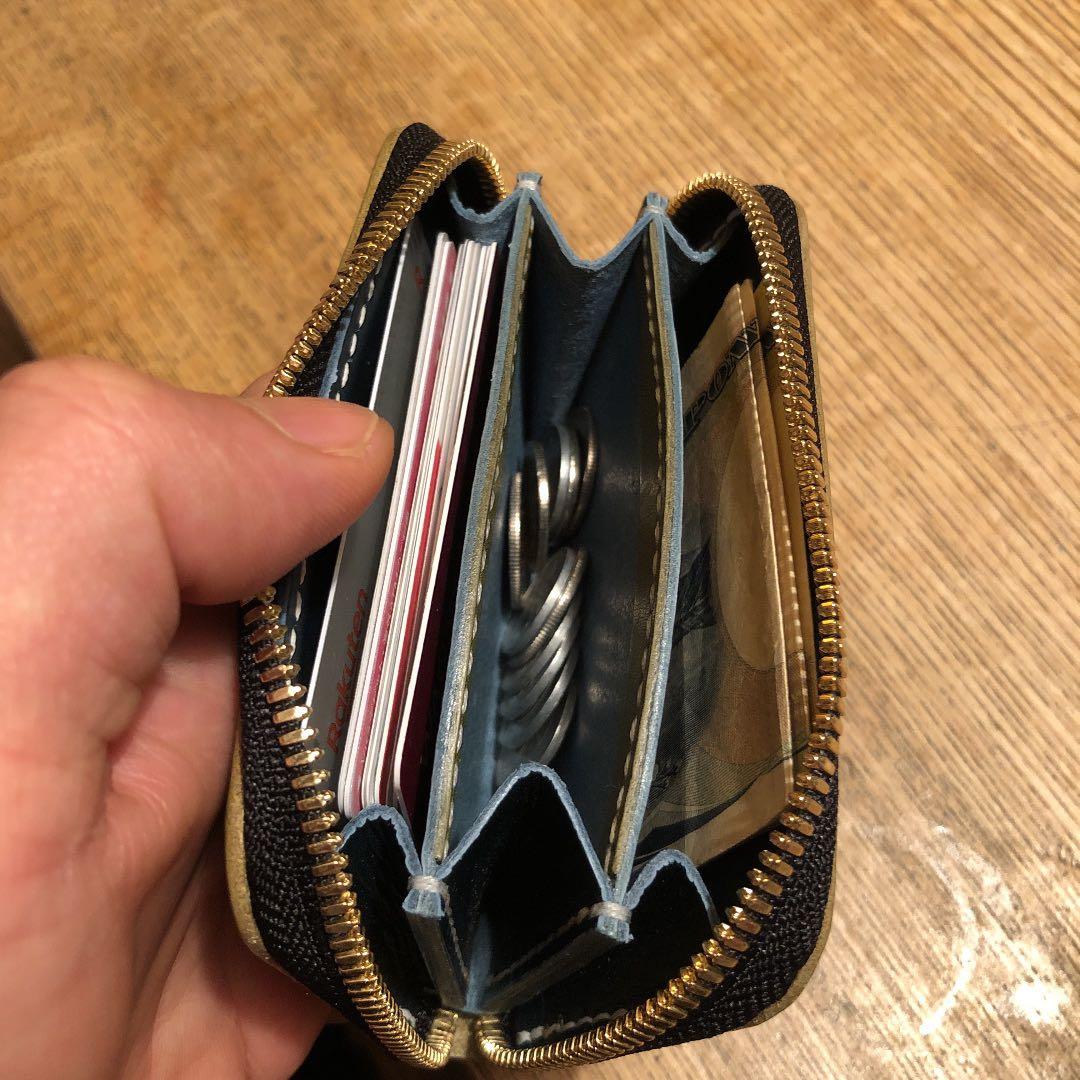 【総手縫い】瀬戸内レザー デニム調×オリーブ ラウンドミニウォレット②