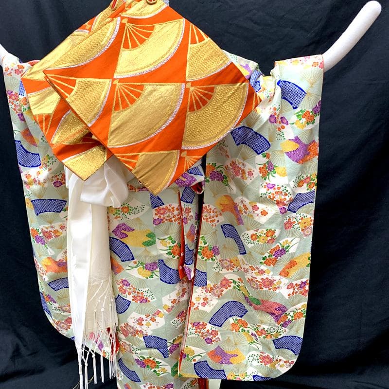 506ag56□七五三 七歳 女児 着物&袋帯 総柄 金彩 扇□状態良好