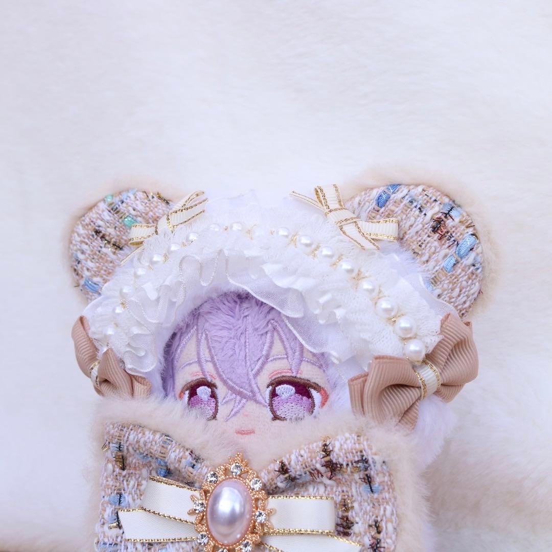 ツイードリボンのくまさん.12〜14cm/ベージュ❤︎おすわりぬい服 ちびぐるみ