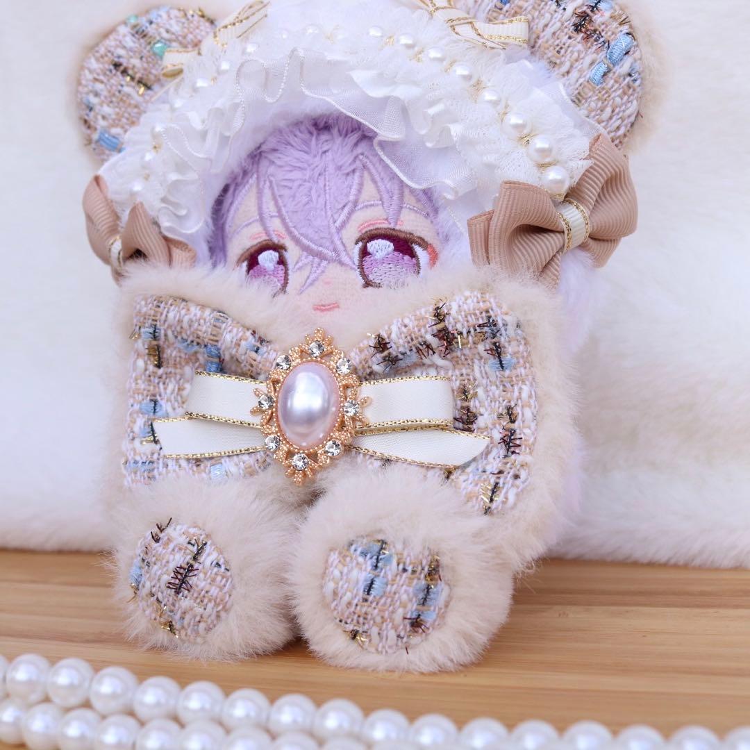 ツイードリボンのくまさん.12〜14cm/ベージュ❤︎おすわりぬい服 ちびぐるみ