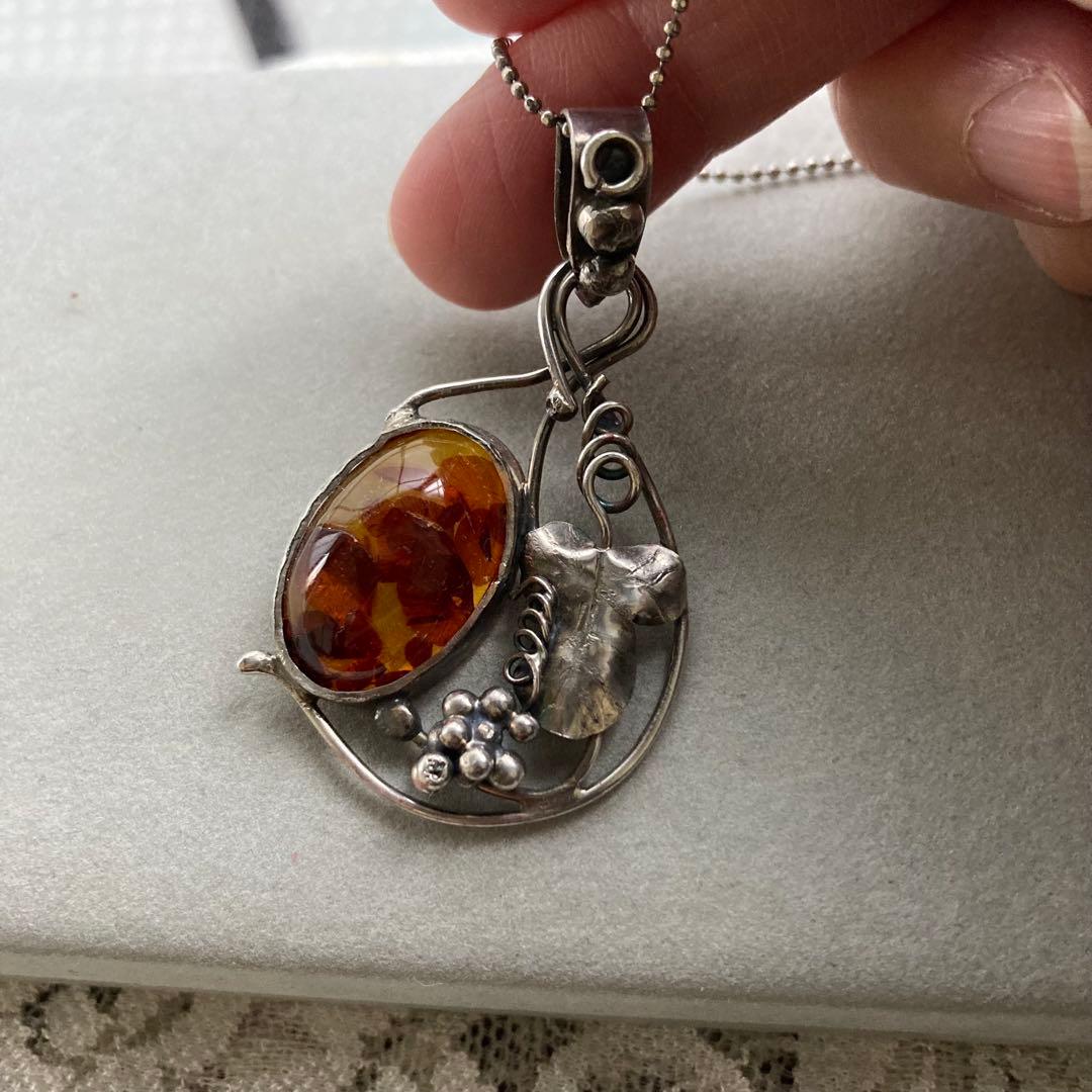 彫金作品　SILVER950 琥珀 ペンダントトップ