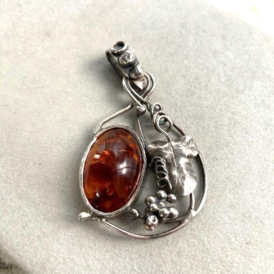 彫金作品　SILVER950 琥珀 ペンダントトップ