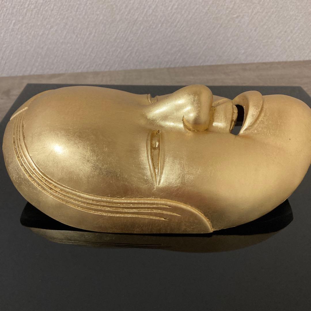 能面飾り　金装飾　木彫り　彫刻〈検 金沢 箔一　采女　胡蝶　千手　般若　翁　扇子
