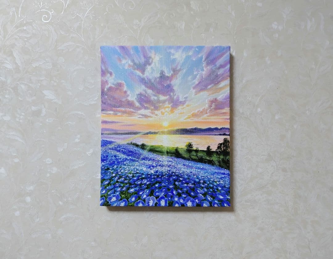 【ネモフィラ畑】アクリル画 F3 風景画 絵画