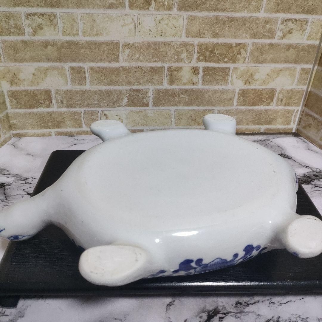 陶器製 染付 唐草 亀 タートル 親子 蓋物 小物入れ 大型サイズ