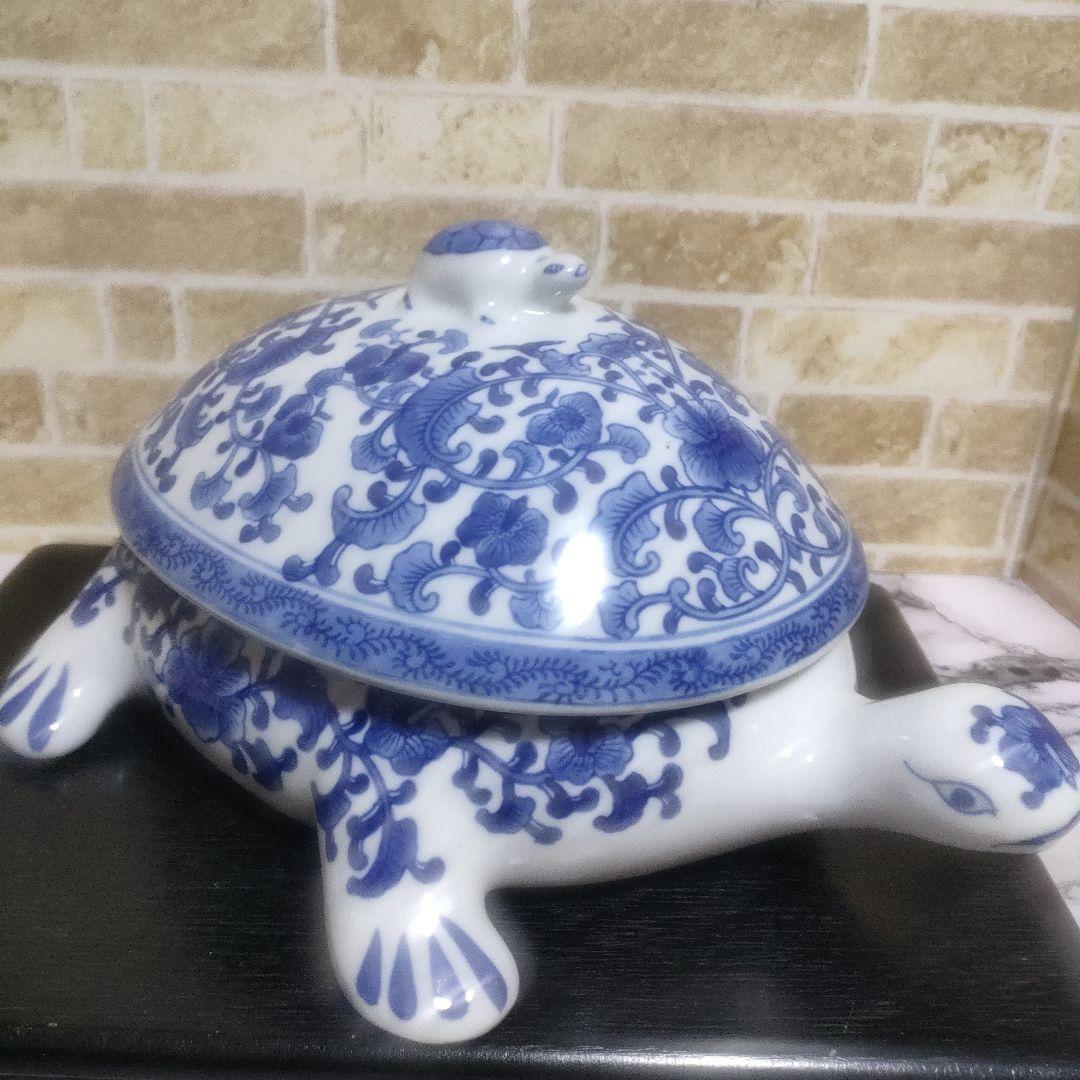 陶器製 染付 唐草 亀 タートル 親子 蓋物 小物入れ 大型サイズ