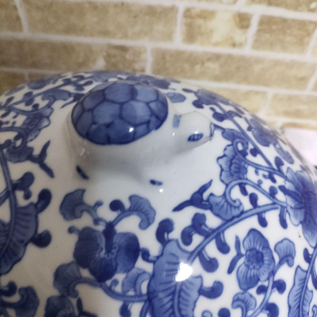 陶器製 染付 唐草 亀 タートル 親子 蓋物 小物入れ 大型サイズ