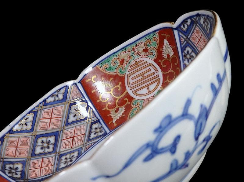 大聖寺伊万里　寿に金唐草　中陰菱に花菱紋の図　大振膾皿　B340AS-CVc