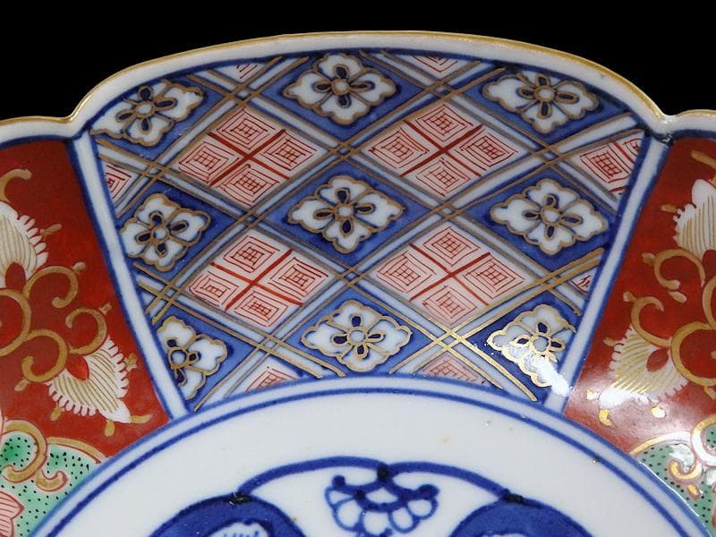 大聖寺伊万里　寿に金唐草　中陰菱に花菱紋の図　大振膾皿　B340AS-CVc